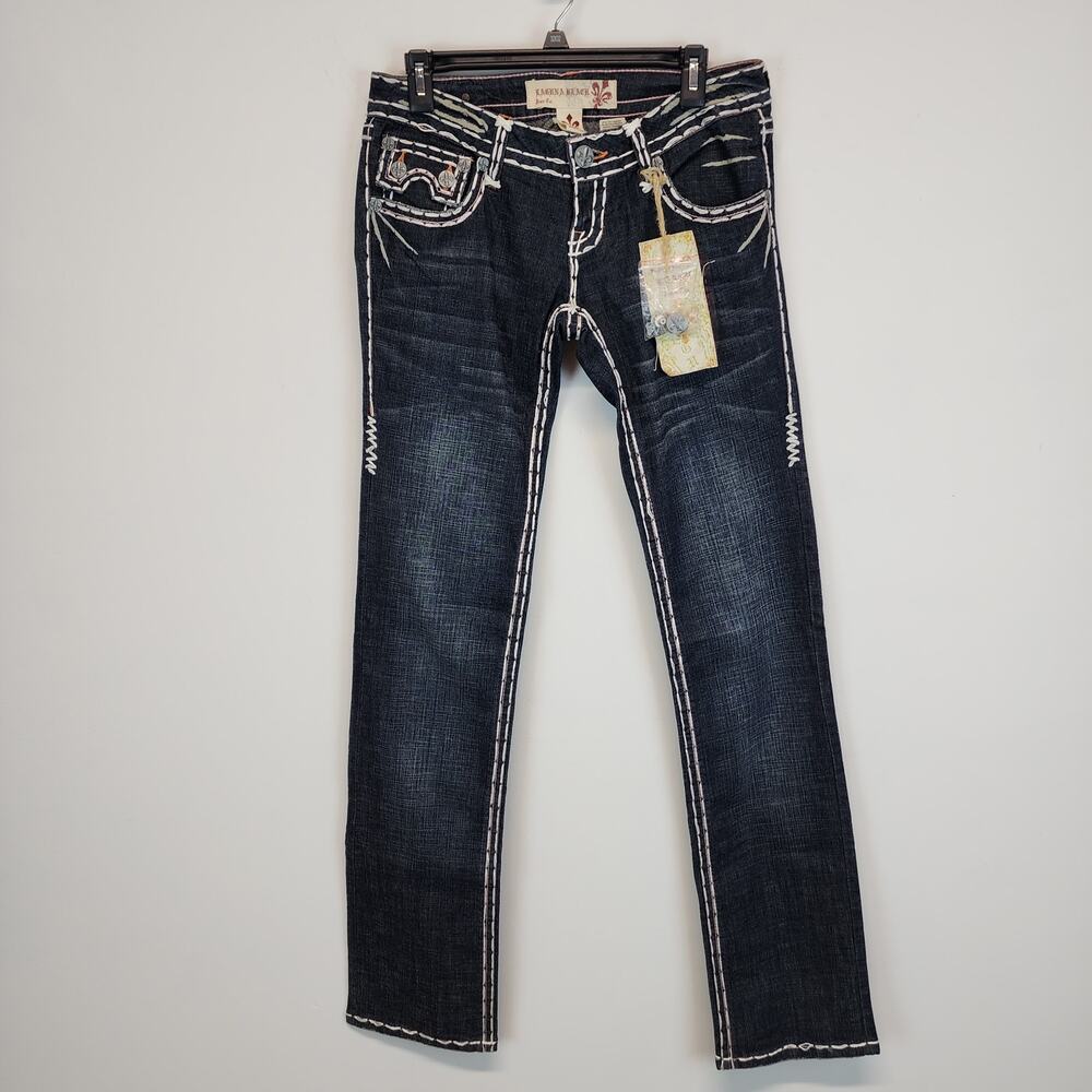 Laguna Beach Crystal Embellished Jeans Size 30 Low Rise Y2K Fleur de Lis Ornate